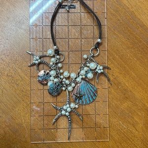 Seashells by the Seashore Necklace: Silver/Copper/ Turquoise/Pearls/Brown Cord